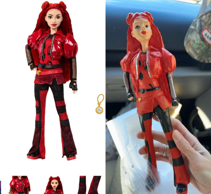 Two dolls compared: one with polished design, the other a funny online shopping fail with distorted features.