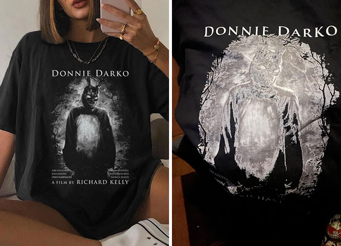 Front and back view of a misprinted "Donnie Darko" T-shirt showcasing a funny online shopping fail.