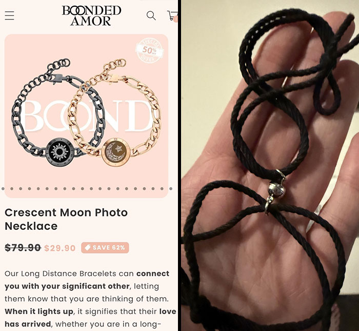 Online shopping scam showing an advertised necklace and the disappointing actual product received.