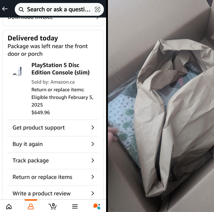 Online shopping scam with a delivery showing a PlayStation 5 but an empty box inside, highlighting a fail.
