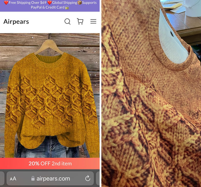 Online shopping scams fail: Photo of knitted sweater listing versus the actual printed version received.