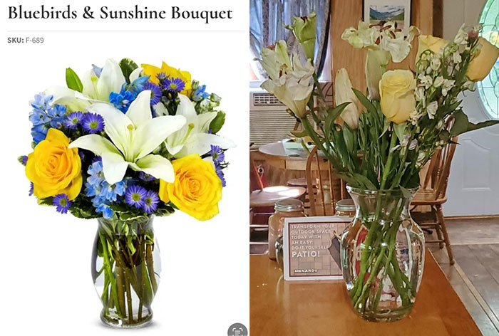 Online shopping scam with mismatched flower bouquet; left a vibrant bouquet, right a sparse, wilted arrangement.