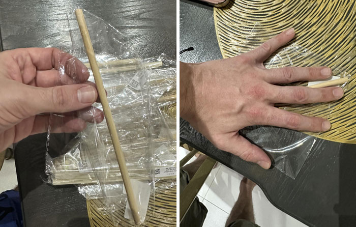 A funny online shopping fail showing a tiny toy shovel compared to a human hand and a long straw.