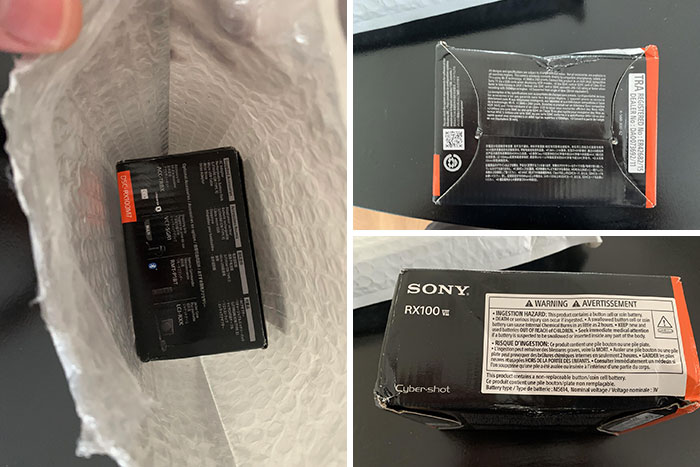 Online shopping fail with an empty RX100 box inside packaging.