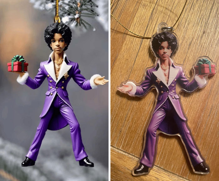 Funny online shopping fail with a 3D ornament expectation vs. flat product reality comparison.