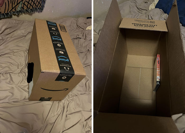 Large Amazon box mostly empty with small DVD inside, illustrating online shopping fails.