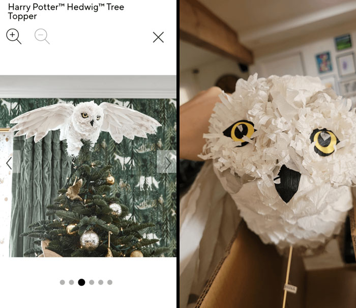 Online shopping scam: owl tree topper expectation vs reality fail.