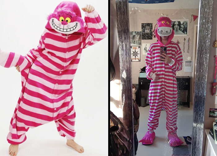 Online shopping fails: mismatched pink striped onesie costume and a disappointing mirror selfie.