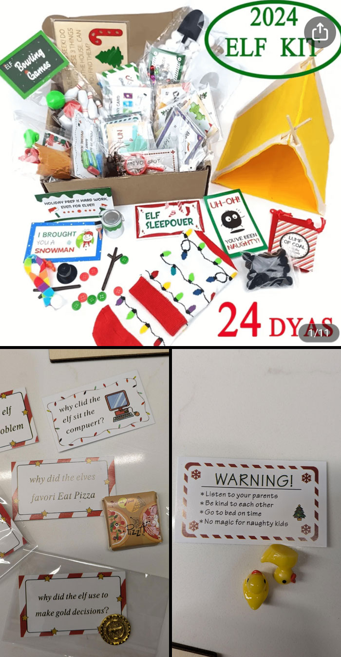 Elf-themed kit with funny online shopping fails, including typo-ridden signs and mismatched items.