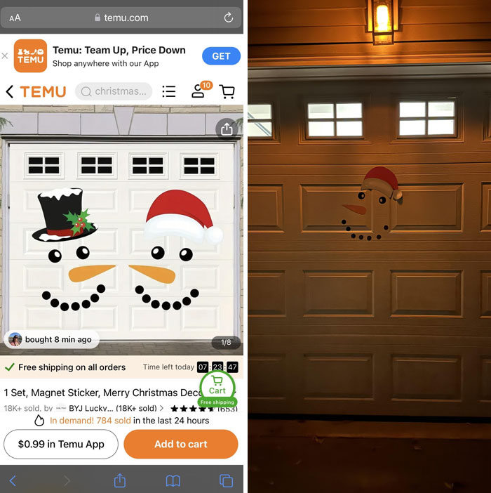 Online shopping fail: expectation of full snowman decal versus reality of misplaced pieces on a garage door.