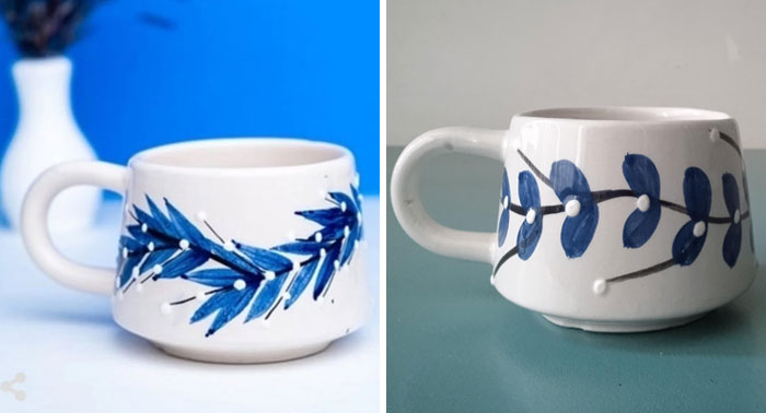 Two ceramic mugs with blue leaf patterns illustrating online shopping fails.