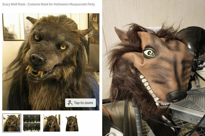 Online shopping fail showing a realistic wolf mask expectation versus a disappointing cheap version received.