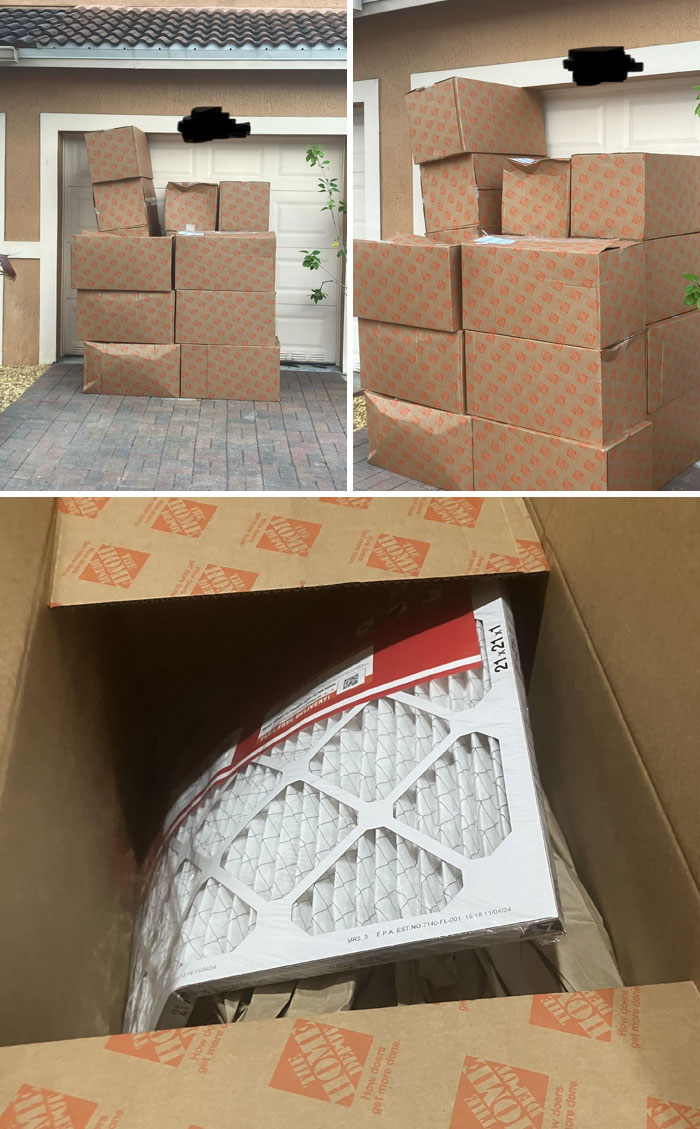 Stacks of large boxes on driveway, each containing a single small air filter, showcasing online shopping fails.