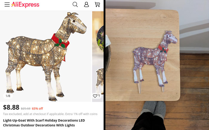 Online shopping scams fail: goat decoration advertised as life-sized, received as a tiny cardboard cutout.
