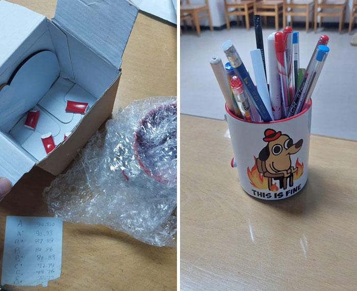 Empty box with bubble wrap and a mug used as a pen holder featuring a famous cartoon dog amid funny online shopping fail.