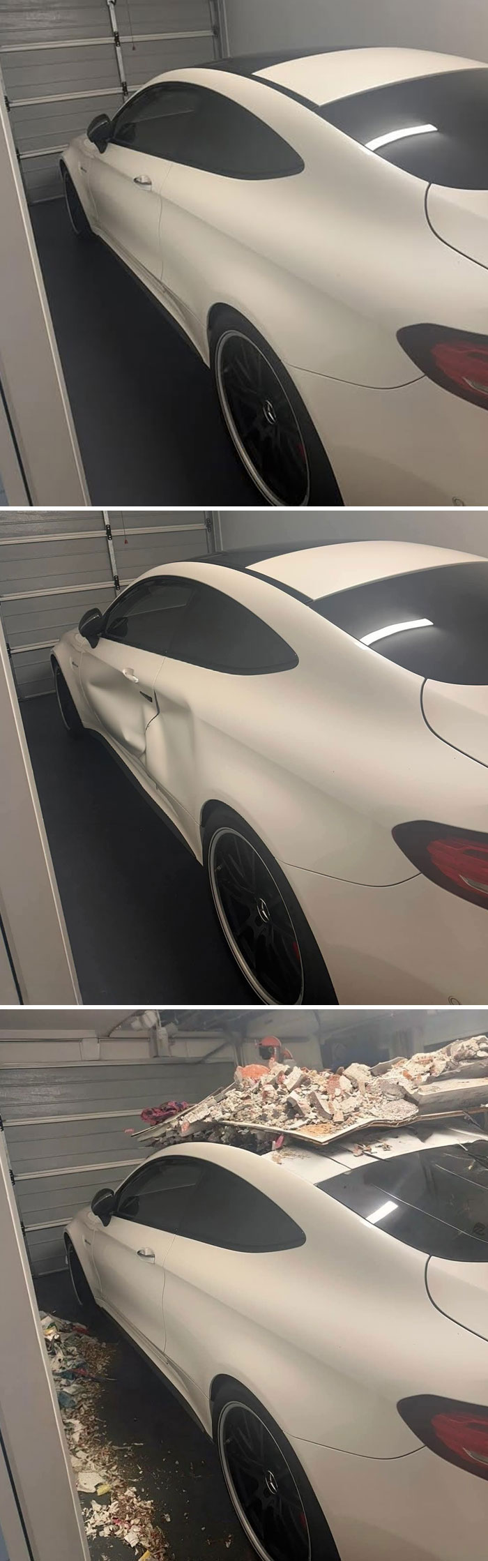 Hilarious photo editing shows a car with damaged panels and debris on the roof inside a garage.