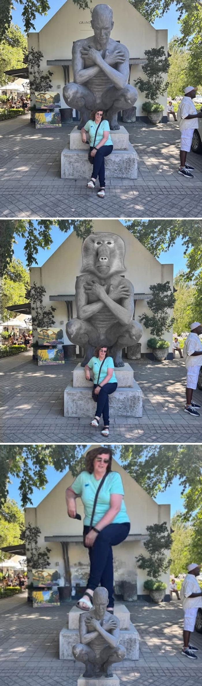 Photo editing humor: statue turns into baboon and flips size with woman.