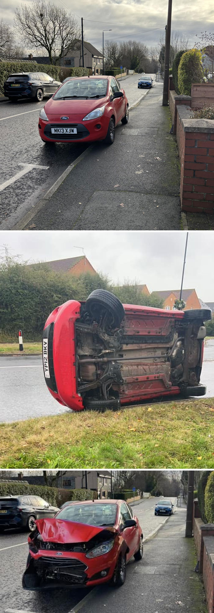 Hilarious photo editing result with a red car creatively altered in three different ways on a suburban street.