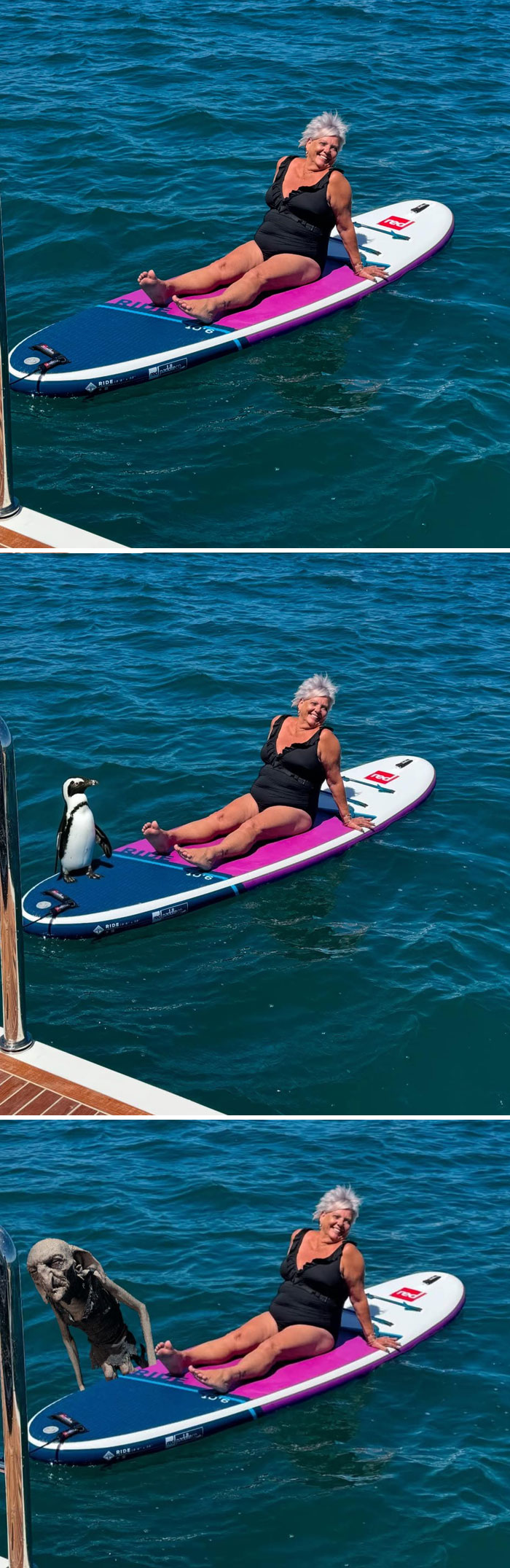Elderly woman on paddleboard with humorous photo edits adding a penguin and a troll figure beside her.