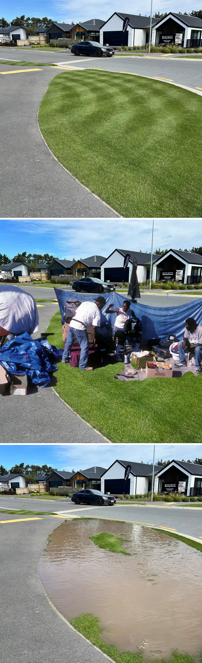 Photo editing humor with lawn, picnic scene, and waterlogged grass on a suburban street corner.