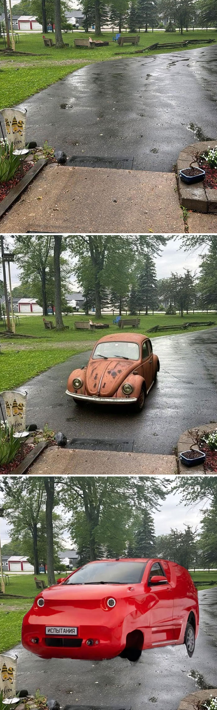 Hilarious photo editing shows evolution of a vintage car to a modern red vehicle in a driveway.