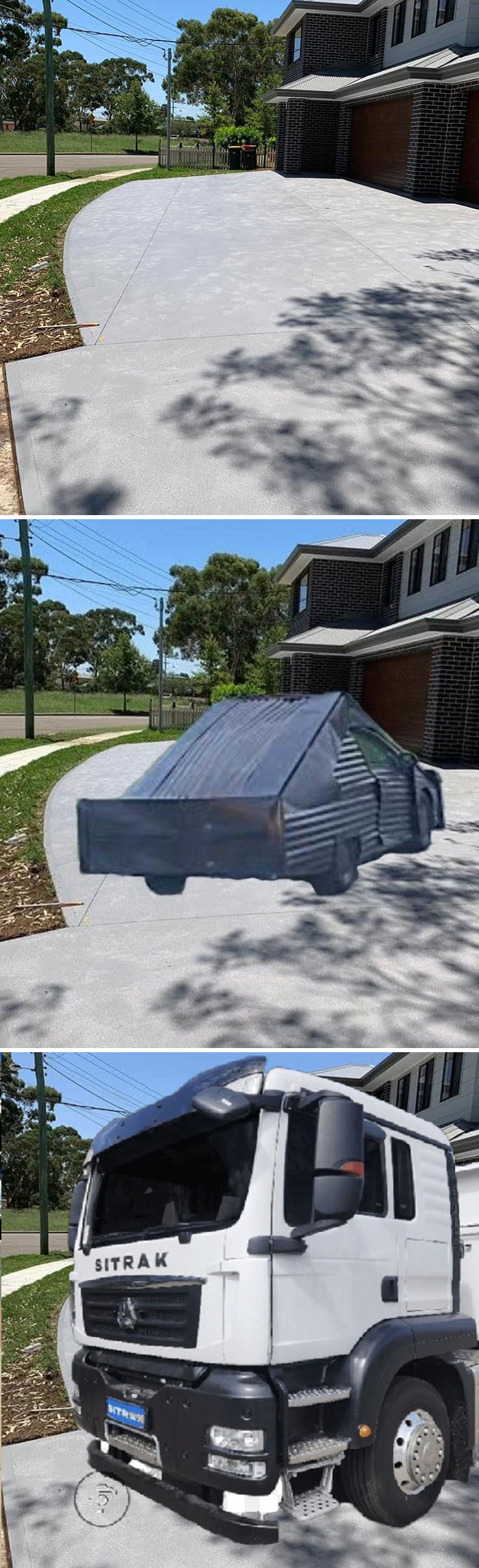 Hilarious photo editing shows a driveway with a warped and distorted vehicle image.