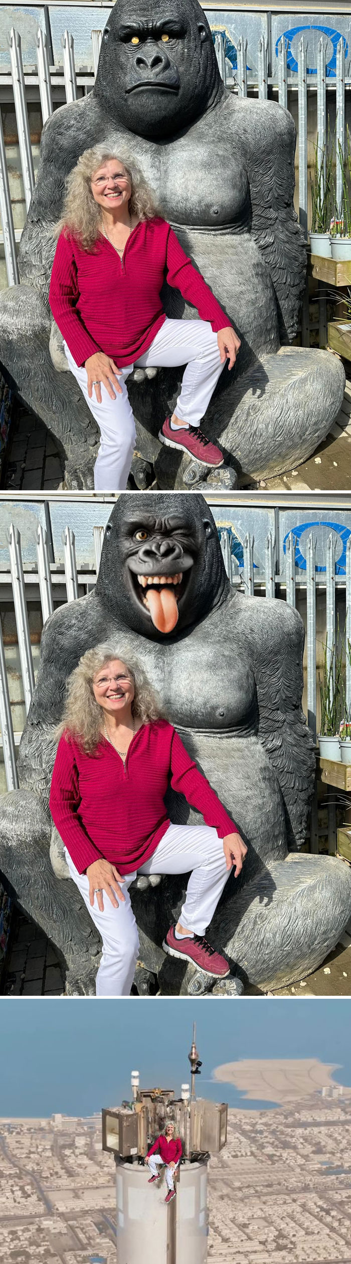 Woman posing with gorilla statue in different settings, illustrating creative photo editing results.