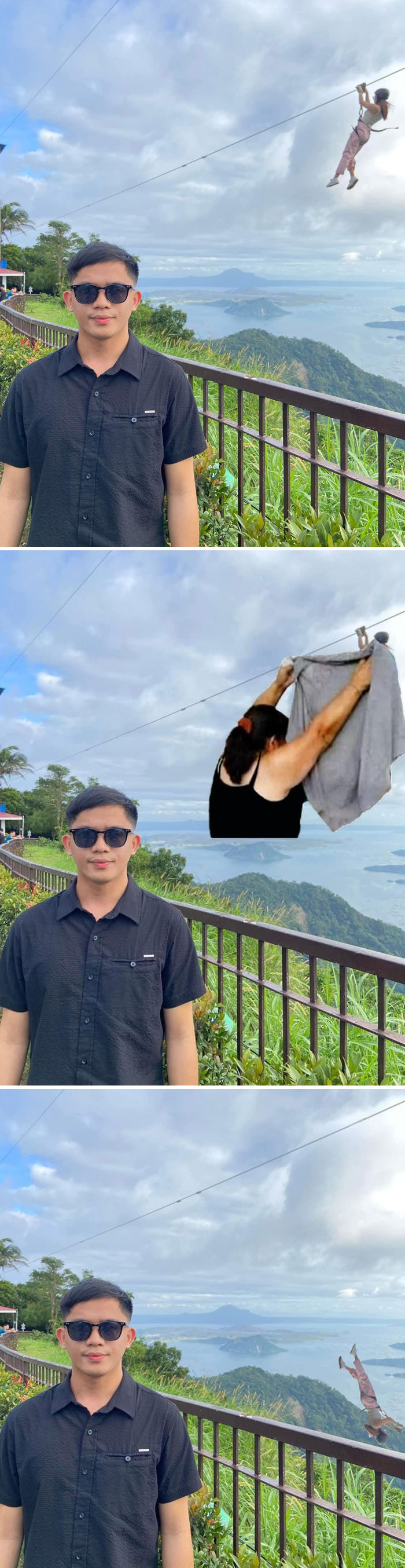 Hilarious photo editing of a man by scenic view with unexpected additions in the sky.