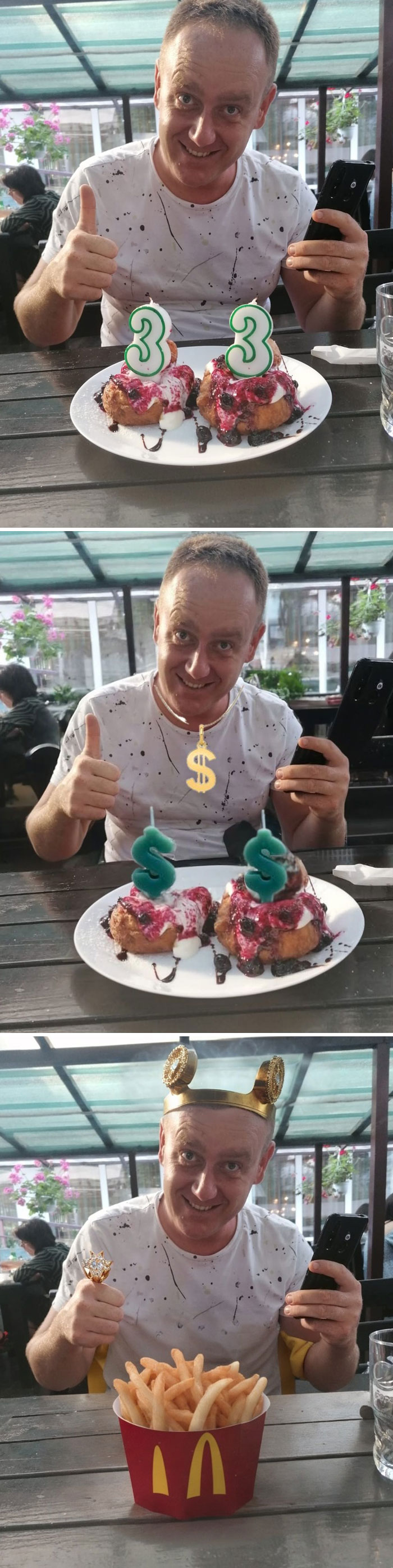 Man smiling at hilariously edited desserts with numbers, dollar signs, and fries in a sequence of photos.