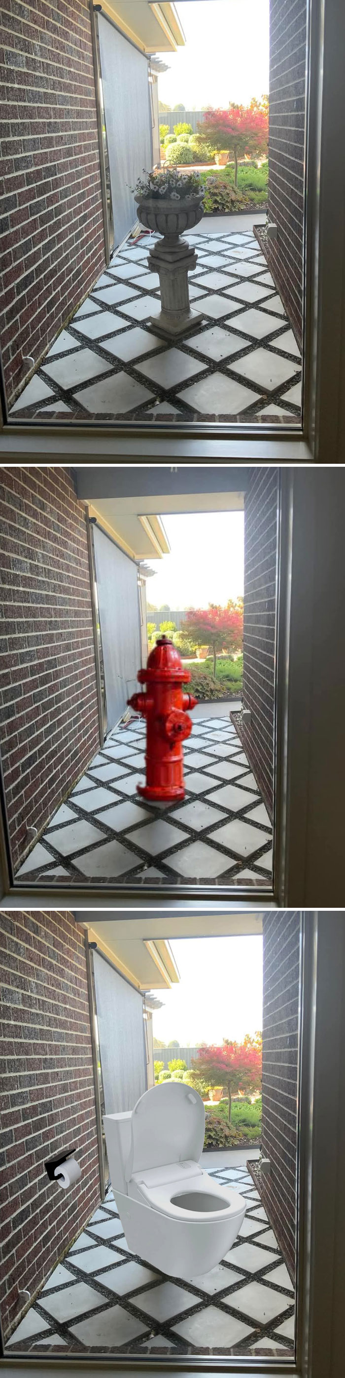 Hilarious photo editing showing a garden urn, a fire hydrant, and a toilet in sequence on a patio walkway.