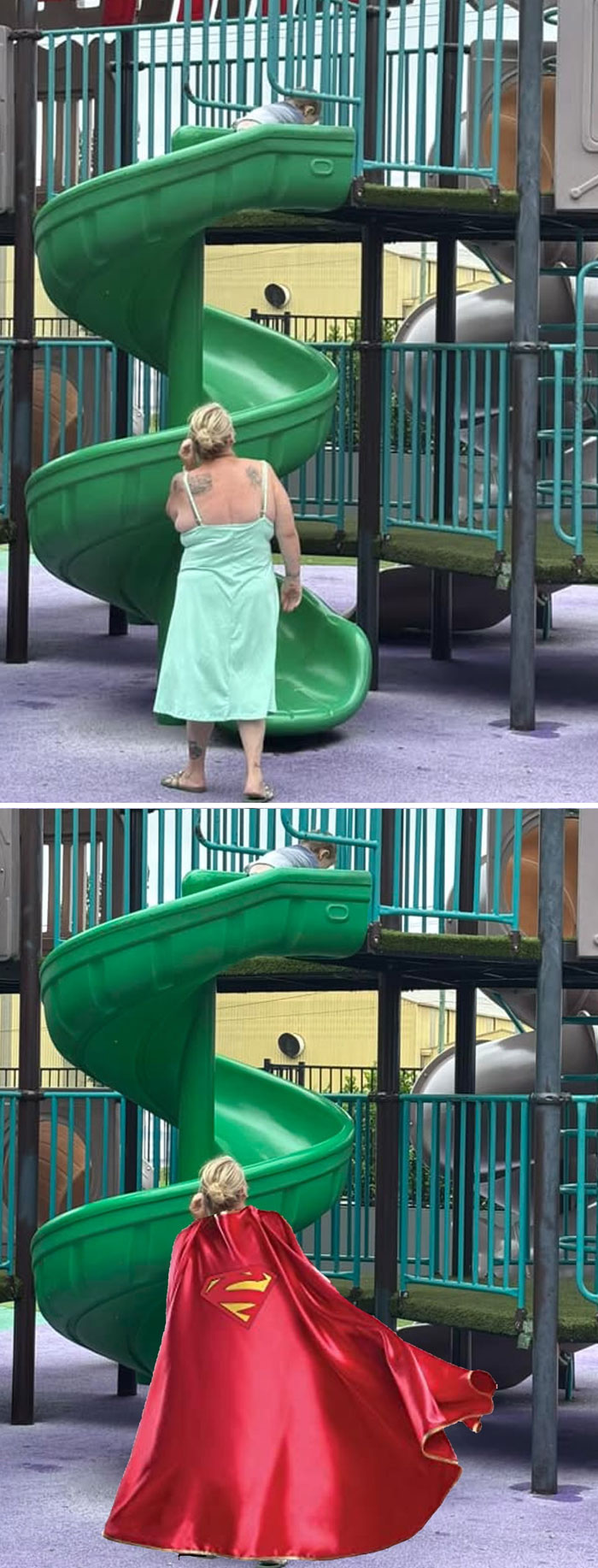 Playground scene with woman edited into superhero cape, showcasing a humorous photo editing result.