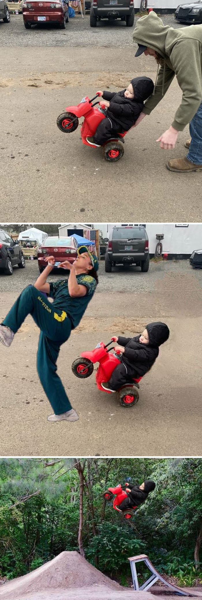 Hilarious photo editing with a child on a red toy bike, transformed into wild scenarios.