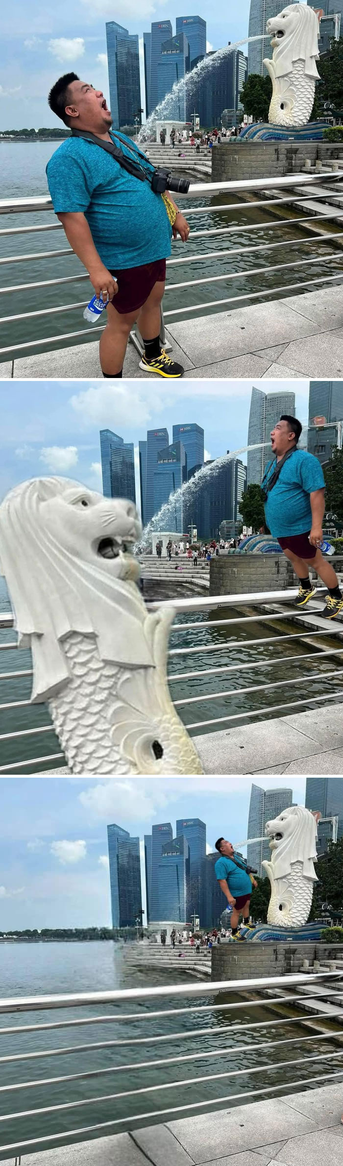 Hilarious photo editing shows a man seemingly drinking water from the Merlion statue in Singapore.