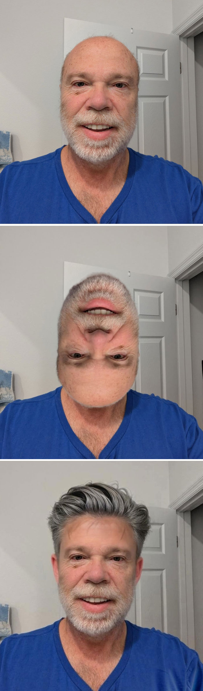 "Three amusingly edited portraits of a man showing creative photo editing interpretations."