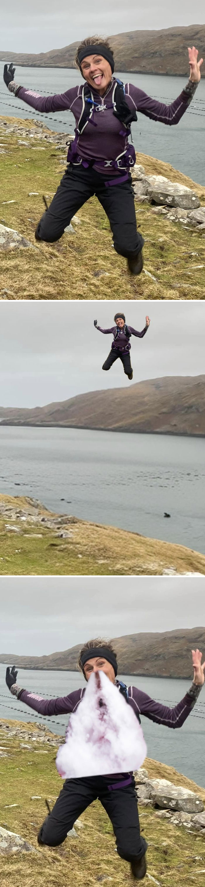 A hilarious photo editing result shows a woman jumping with a distorted, exaggerated pose in a scenic outdoor setting.