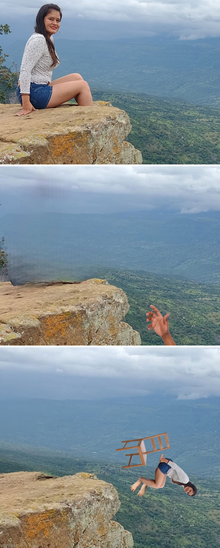 Photo editing result shows woman falling off cliff with chair after humorous request interpretation.