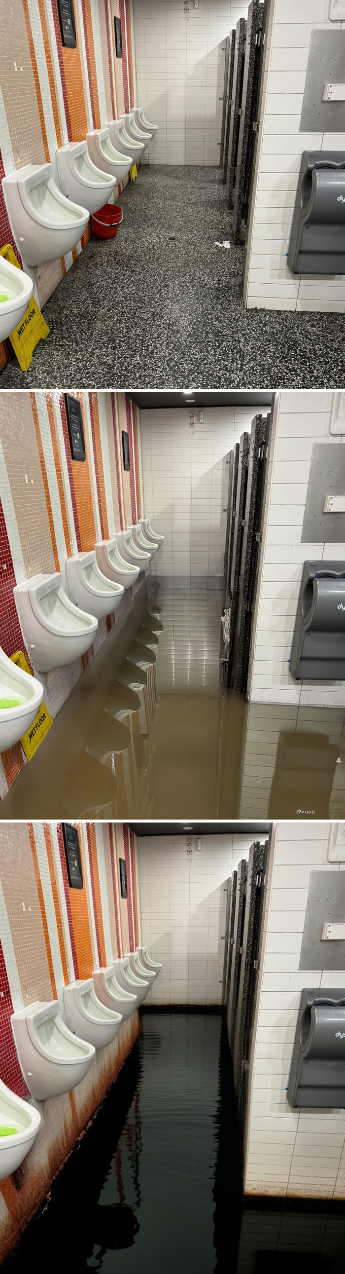 Bathroom flooded with water, urinals partially submerged in a photo editing fail for humorous effect.