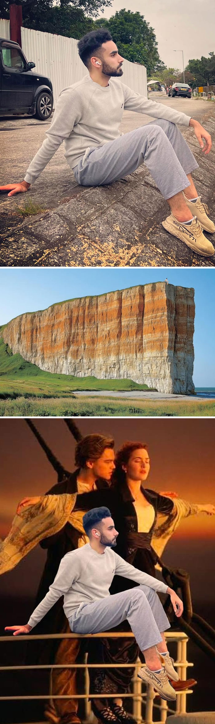 Man edited into funny scenes, sitting by a road, on a cliff, and on a ship's railing with a famous movie couple.