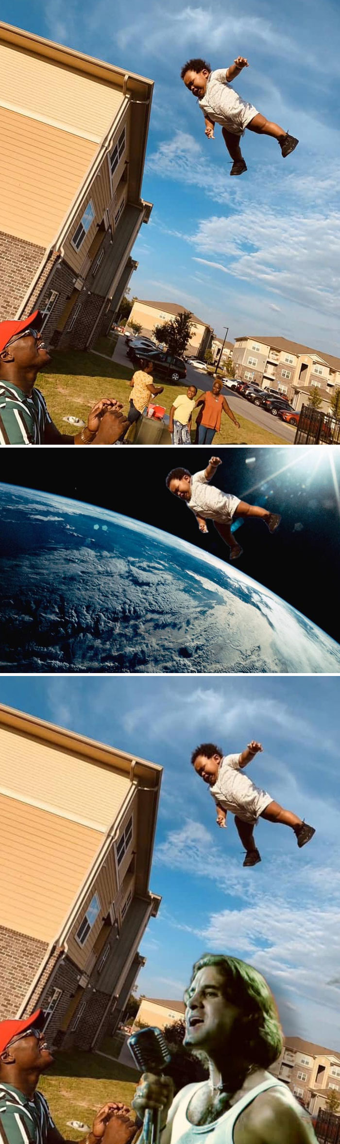Hilarious photo editing with a baby flying over a house, in space, and a singer appearing below.