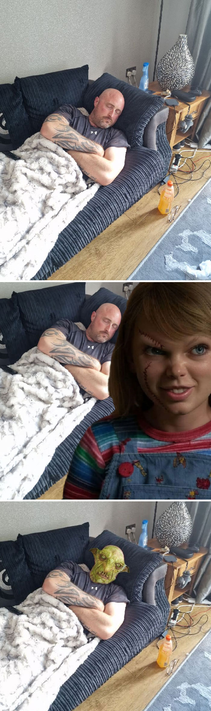 Hilarious photo editing shows a sleeping man digitally transformed with funny effects, like a Chucky face and goblin mask.