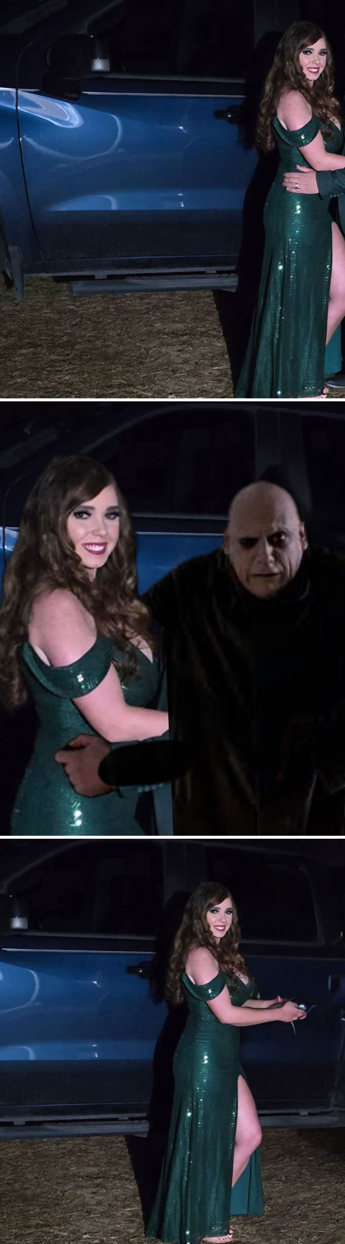 Woman in a green dress posing by a blue vehicle with humorous edited addition of a character beside her.