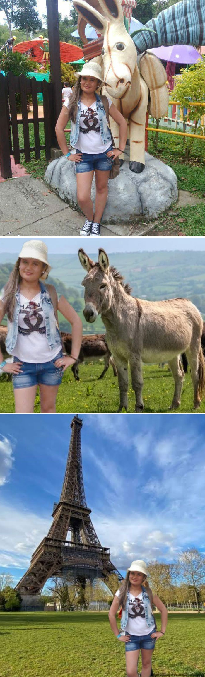 Funny photo editing results showing a woman with a donkey, in a park and in front of the Eiffel Tower.