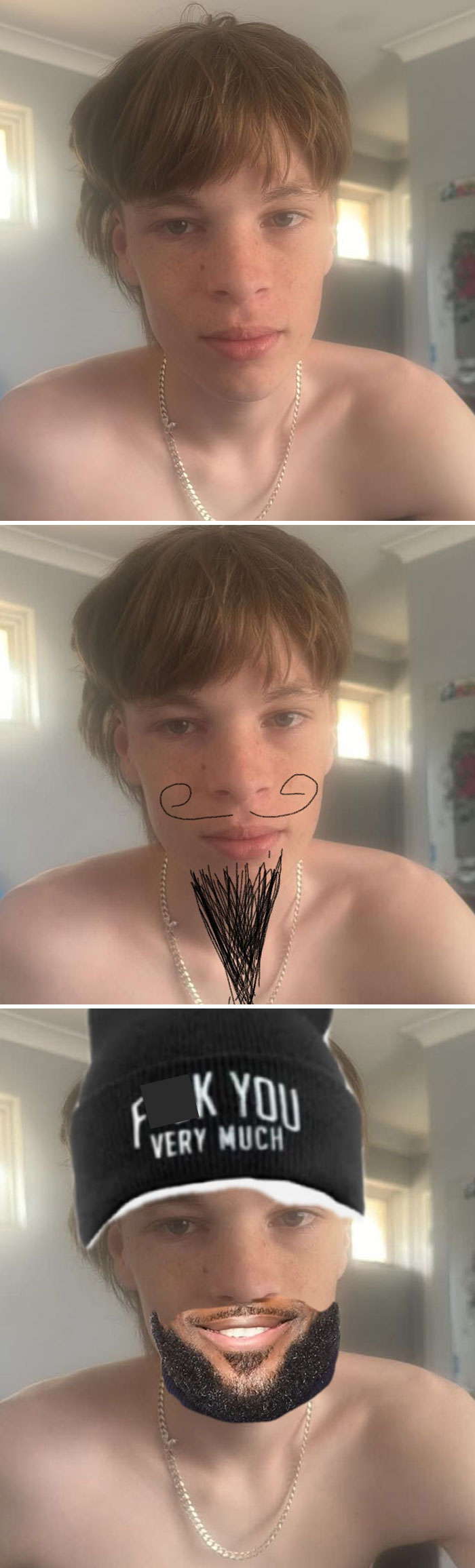 Three stages of humorous photo editing showing beard and hat transformations.