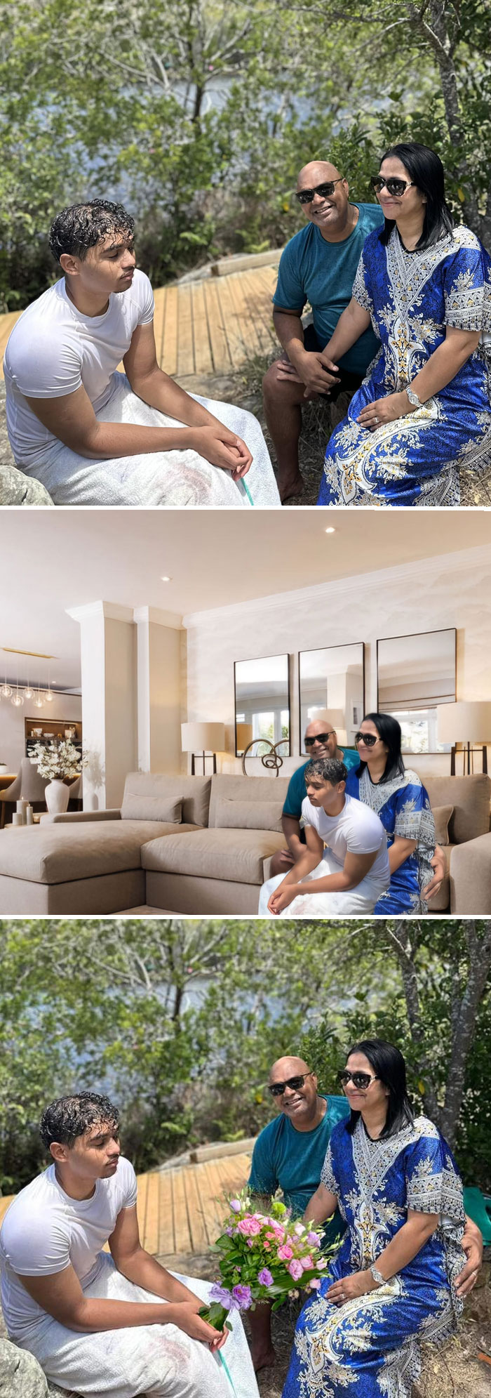 Photo editing gone wrong: outdoor family photo awkwardly placed on a couch indoors.