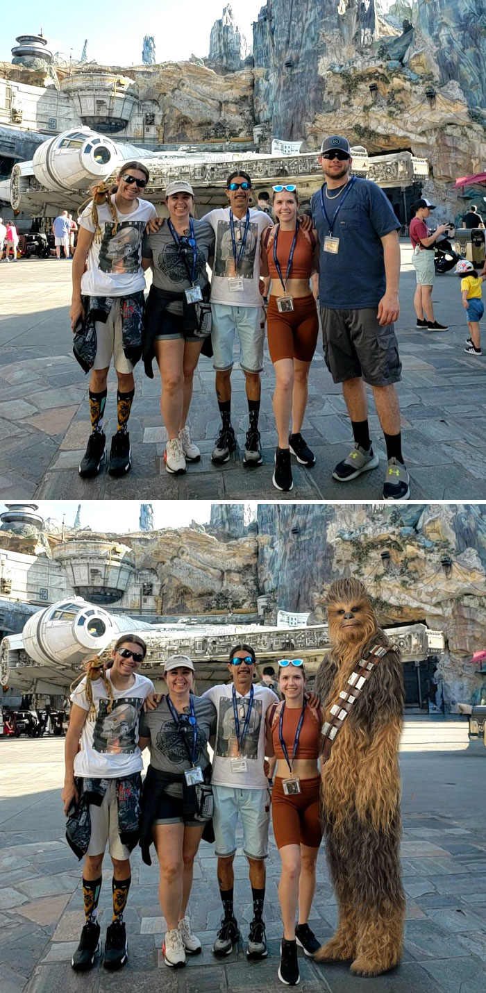 Group posing with Chewbacca and spaceship, showing hilarious photo editing results in a theme park setting.