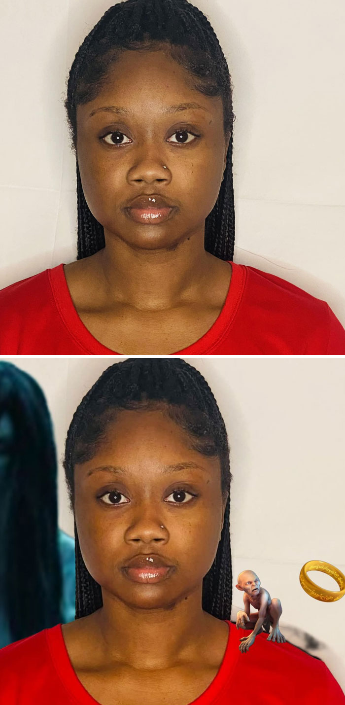 Hilarious photo editing with a woman in a red shirt and a fantasy creature added near her shoulder.