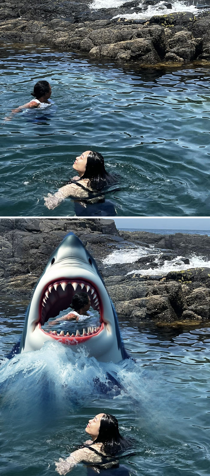 Two edited images of people swimming, one with a giant shark added humorously.