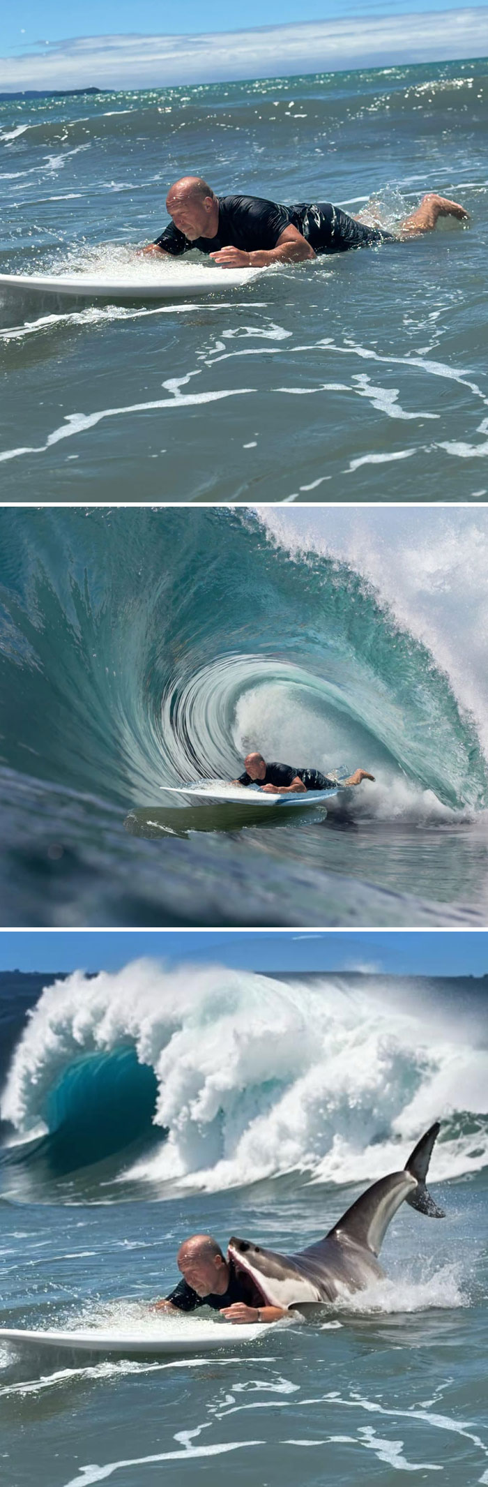 Surfer encountering hilariously edited giant wave and shark, showcasing creative photo editing results.