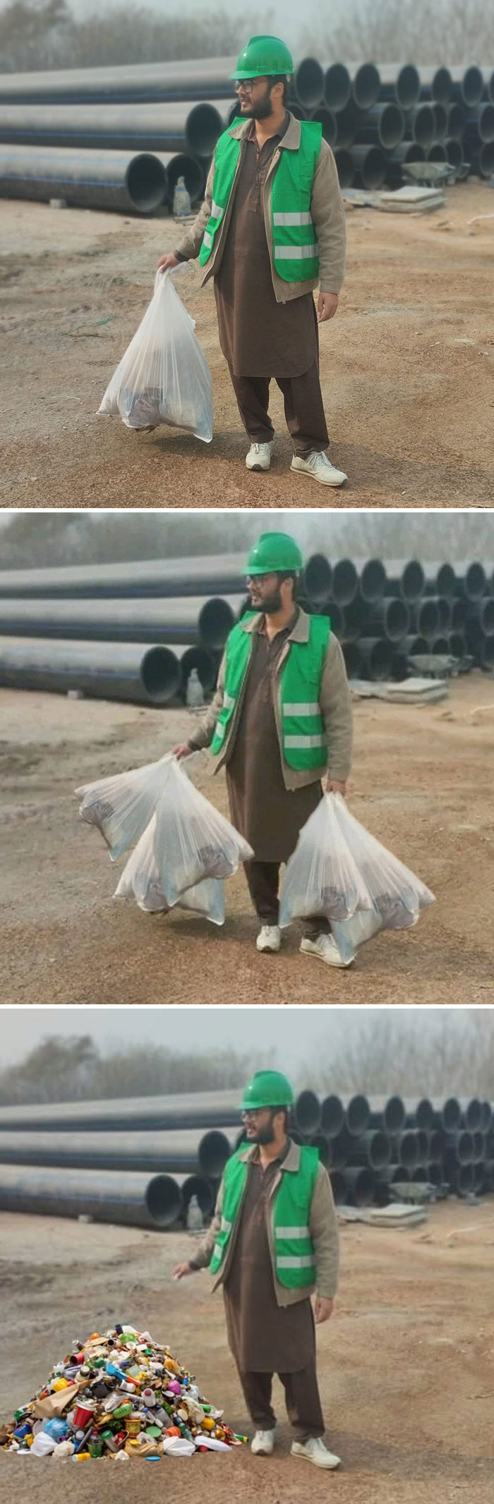 Construction worker with green vest humorously accumulating more garbage bags in each photo edit.