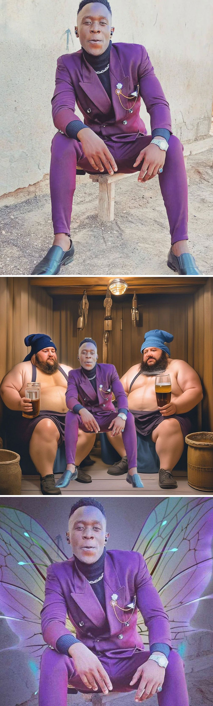 Man in a purple suit humorously edited with beer buddies and butterfly wings, aligning with funny photo editing results.